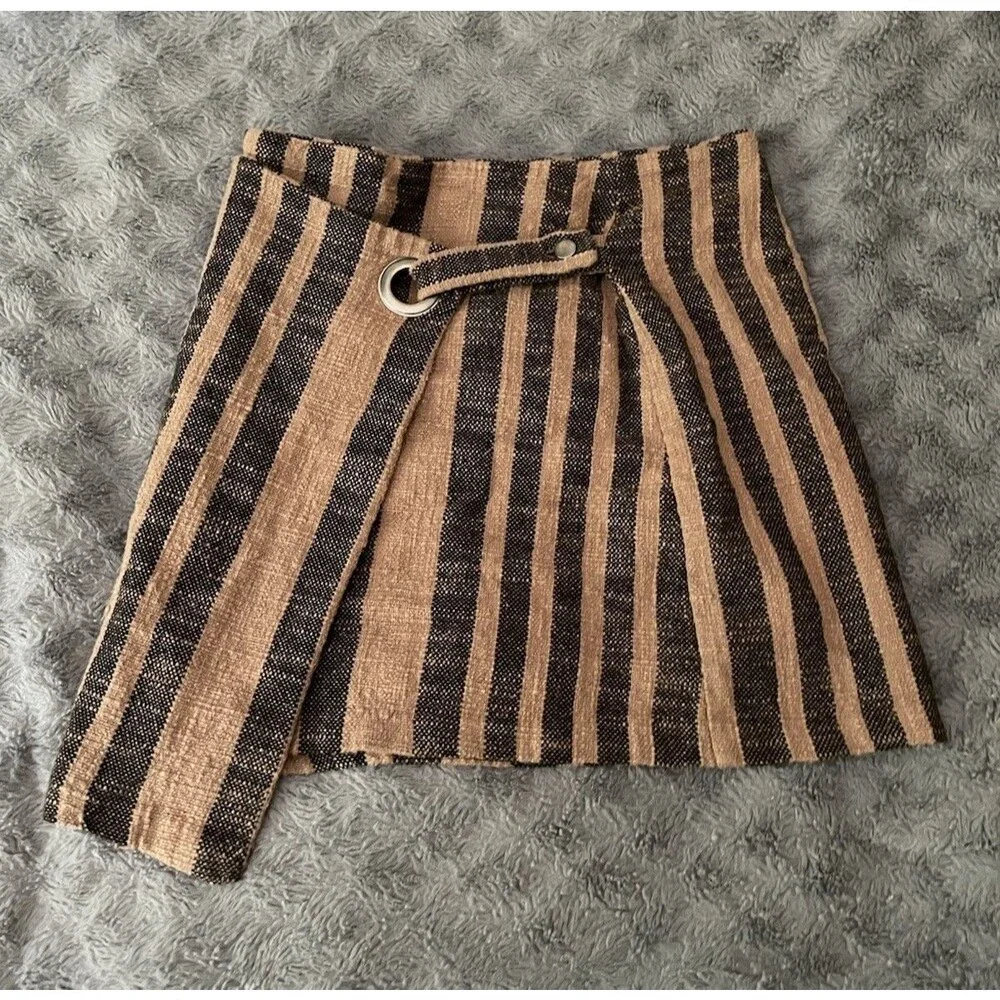 Free People Wrap Mini Skirt M Brown Stripe Asymmetrical Boho Cottage Festival